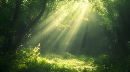 Obraz premium morning view of sunlight ray in the green forest.ai generative