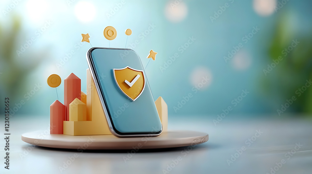Aufkleber smartphone displaying rising graph trends with security features office setting digital illustration