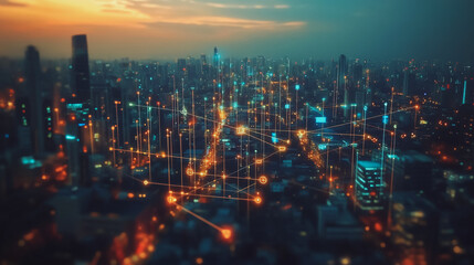 Fototapeta premium Abstract business man stands on Smart digital Innovation city with connection network reciprocity over the twilight cityscape. of future wireless digital city and social media networking systems