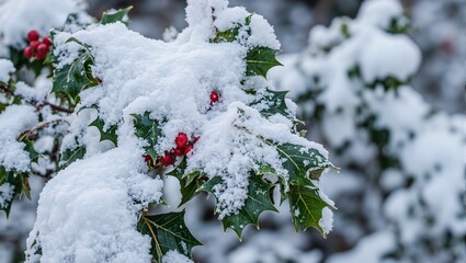 Frost kissed holly leaf with red berries