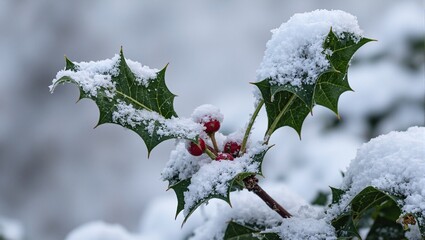 Frost kissed holly leaf with red berries