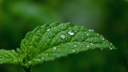 Fresh mint leaf with morning dew on textured surface against soft green backdrop