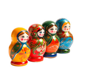 Classic Russian Matryoshka Dolls in a Row Showcasing Detailed Craftsmanship and Vibrant Colors on a Transparent Background