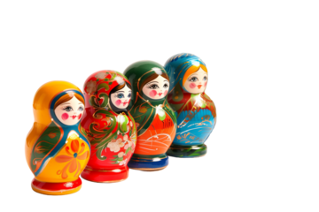 Classic Russian Matryoshka Dolls in a Row Showcasing Detailed Craftsmanship and Vibrant Colors on a Transparent Background