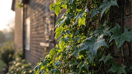 Obraz premium Green ivy leaf on brick wall in morning sun