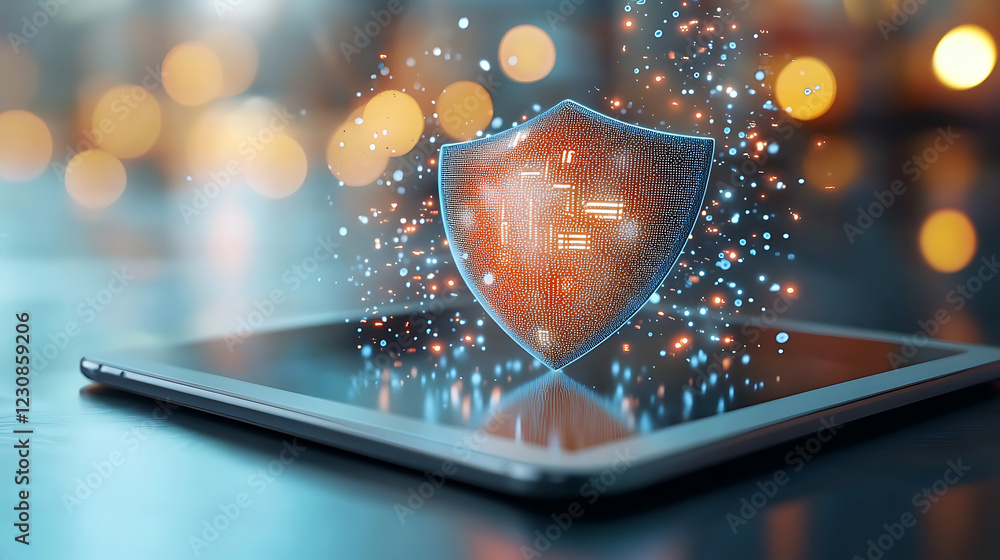 Poster digital security shield display on tablet for business protection modern office graphic visualizatio