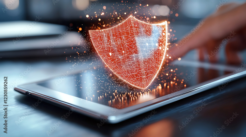 Poster secure business operations with glowing data shield on tablet modern office environment digital cont