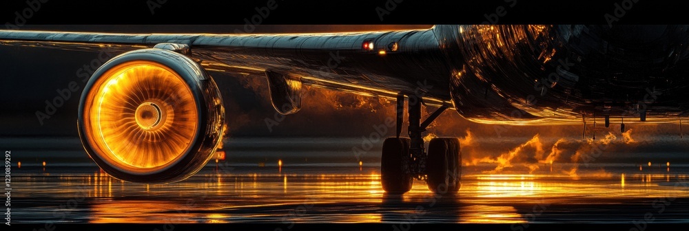 Poster airplane wing and engine illuminated by a stunning sunset over a tranquil runway in perfect evening 