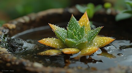 Fototapeta premium Dew Kissed Succulent In A Stone Basin