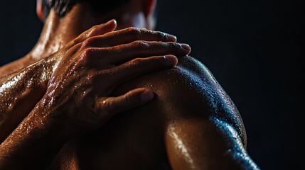 Close-Up of a Man's Shoulder with Water Drops and Soft Lighting