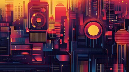 Abstract digital cityscape with geometric shapes, vibrant red and yellow tones and intricate line work