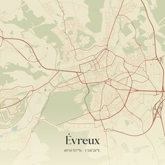 Retro map of �vreux, Normandie, France. Vintage street map.