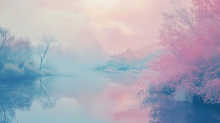 Pastel Landscape with Foggy River and Pink Trees