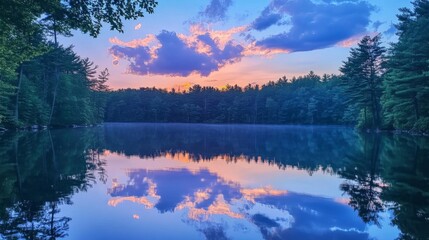 Fototapeta premium Serene Sunset Reflection Over a Tranquil Lake