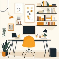 Stylish home office workspace with desk, computer, chair, shelves, and plants.