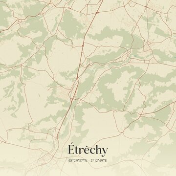 Retro map of �tr�chy, �le-de-France, France. Vintage street map.