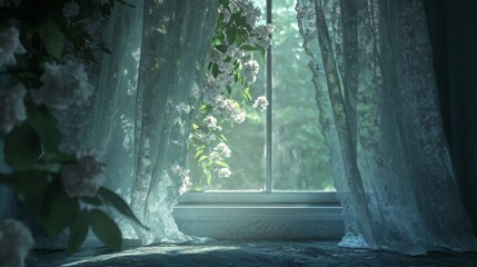 White Lace Curtains Frame Sunlight Illuminating White Flowers at Window