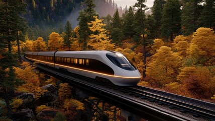 Modern High-Speed Train Gliding Through Autumn Forest Landscape with Vibrant Foliage