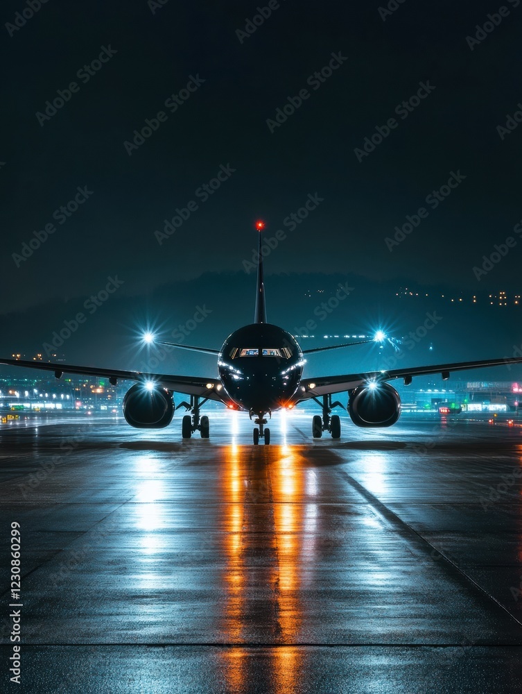 Poster airplane on illuminated runway surrounded by navigation lights at night. generative ai