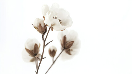 close-up of cotton flower with branch on white background.ai generative