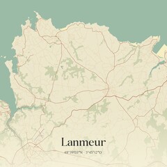 Fototapeta premium Retro map of Lanmeur, Bretagne, France. Vintage street map.