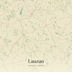 Fototapeta premium Retro map of Lauzun, Nouvelle-Aquitaine, France. Vintage street map.
