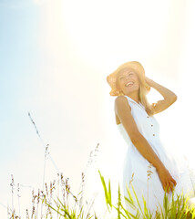 Fashion, idea and smile of woman in countryside for biodegradable, organic or sustainable clothing....