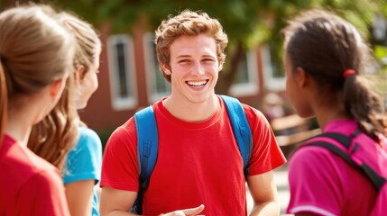 Naklejka premium Happy diverse teenagers chatting outdoors on campus.