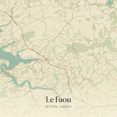 Fototapeta premium Retro map of Le Faou, Bretagne, France. Vintage street map.