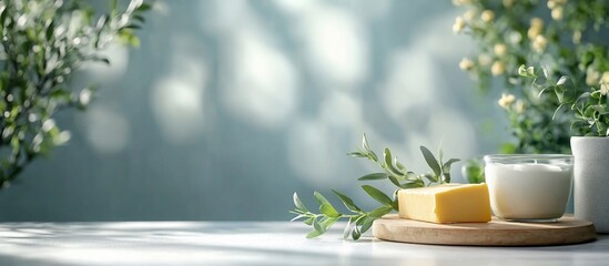 Fresh dairy products including butter and yogurt on a wooden board with green foliage background