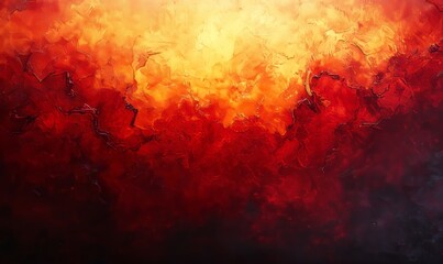Abstract fiery sunset painting with intense red, orange, and yellow hues.