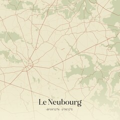 Retro map of Le Neubourg, Normandie, France. Vintage street map.