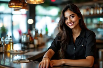 portrait of a young smiling Indian female bartender against blurred bar background