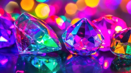 Fototapeta premium Vibrant gemstones reflecting colorful bokeh lights.