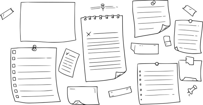Doodle paper notes, stickers, sticky sheets and tape set. To do list, memo messages with curled corner, notepads and torn paper with pin
