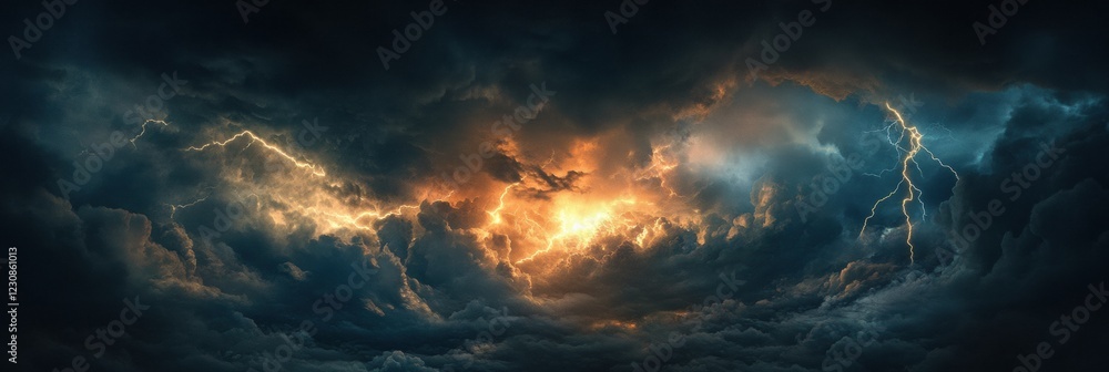 Poster Airplane navigates through turbulent stormy clouds with flashes of lightning in the evening sky. Generative AI