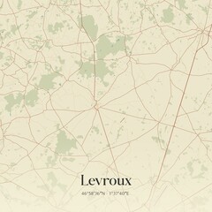 Retro map of Levroux, Centre-Val de Loire, France. Vintage street map.