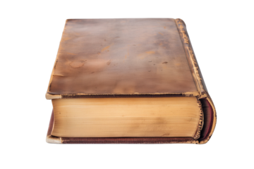 Hardcover Chapter Book With Worn Leather Cover Displayed on a Transparent Background for Creative Design Purposes