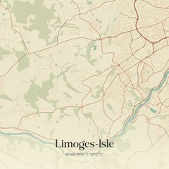 Retro map of Limoges-Isle, Nouvelle-Aquitaine, France. Vintage street map.