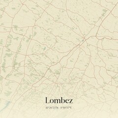 Retro map of Lombez, Occitanie, France. Vintage street map.