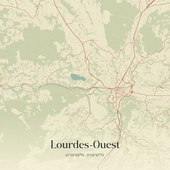 Fototapeta premium Retro map of Lourdes-Ouest, Occitanie, France. Vintage street map.