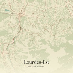 Retro map of Lourdes-Est, Occitanie, France. Vintage street map.