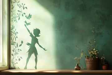 A magical illustration of Peter Pan casting a shadow on the wall, with his iconic pose and mischievous smile