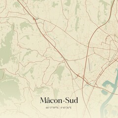 Retro map of M�con-Sud, Bourgogne-Franche-Comt�, France. Vintage street map.
