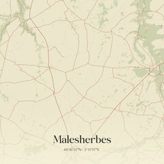 Retro map of Malesherbes, Centre-Val de Loire, France. Vintage street map.