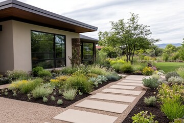 Scenes of a front yard garden with a xeriscape design, featuring drought-tolerant plants, gravel pathways, and a water-efficient landscape. 