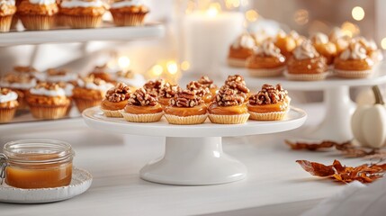 Naklejka premium A festive Thanksgiving dessert table with pecan and maple cookies, mini pumpkin tarts, and caramel sauce, lit with soft natural light
