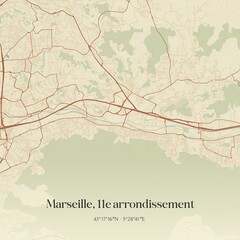 Retro map of Marseille, 11e arrondissement, Provence-Alpes-C�te d'Azur, France. Vintage street map.