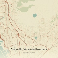 Fototapeta premium Retro map of Marseille, 14e arrondissement, Provence-Alpes-C�te d'Azur, France. Vintage street map.