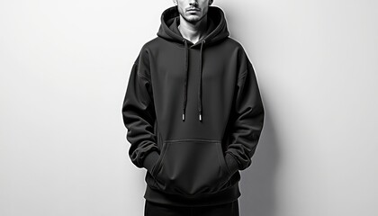 Monochromatic Mockup: Man in Black Hoodie Against White Background